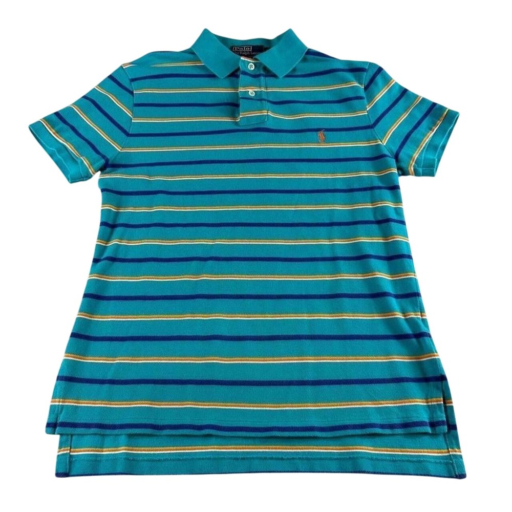 VTG Polo Ralph Lauren Shirt Mens S Teal Blue 90s Multi Stripe Pique Custom Fit
